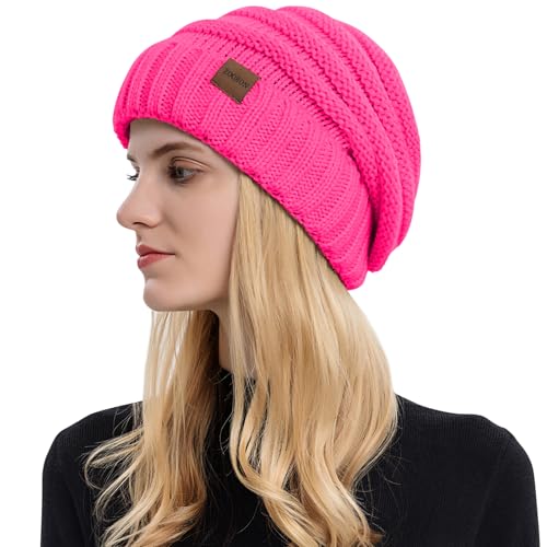 ZOORON Womens Winter Hat Slouchy Beanies for Women Cable Knit Beanie Hats - color: 1pack- Rose Red