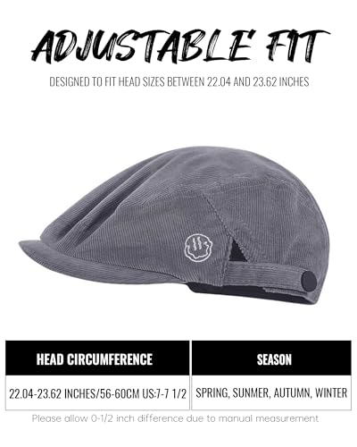 Croogo Men's Newsboy Flat Cap Corduroy Ivy Cap Casual Winter Duckbill Hat Irish Catsby Golf Beret Hat - color: Bl27-gray