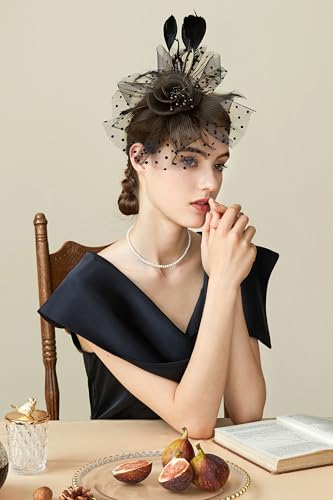 BABEYOND Fascinators Hats for Women Tea Party Flower Tulle Bead Derby Hat - color: Dusty Black