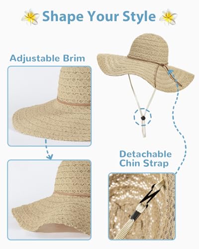 Sun Beach Hats Women Floppy Summer Sunhat with Wide Brim Packable Foldable Travel Accessories - color: Khaki, size: Large