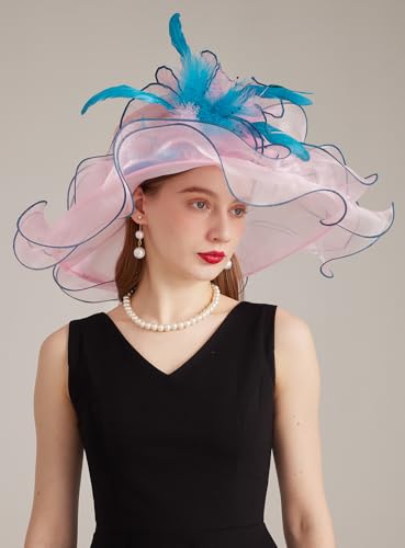 Women Derby Fascinator Hat Organza Church Wedding Hats Wide Brim Cocktail Tea Party Hat - color: 36pink Blue