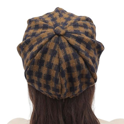 ZLYC Women Classic Newsboy Cap Visor 8 Panel Gatsby Cabbie Paperboy Hat - color: Gingham Khaki and Navy