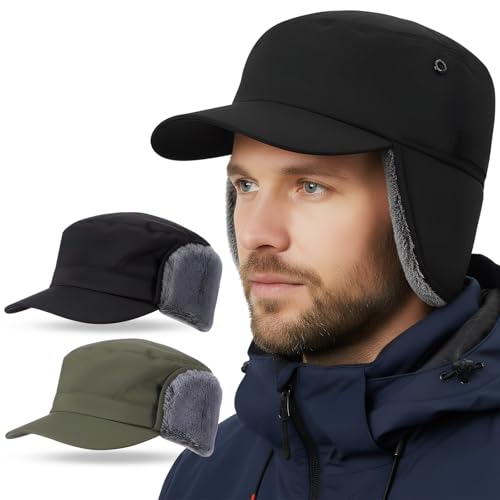 Men's Waterproof Winter Hat with Visor - color: Black, Army Green