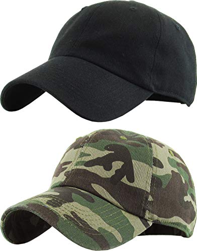 KBETHOS Classic Unisex Cotton Adjustable Low Crown Baseball Cap – Plain Dad Hat - color: Black + Camo (2 Pack)