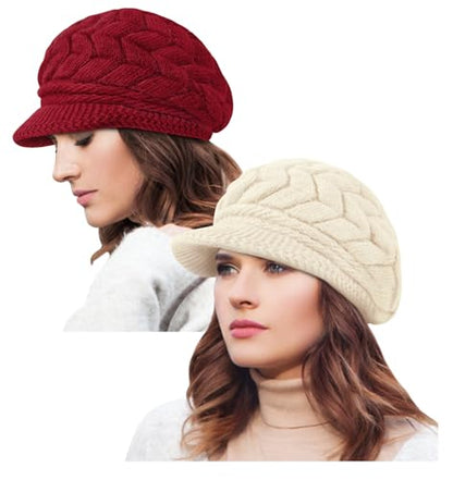 YSense 2 Pack Womens Winter Hats Warm Knit Beanie with Visor - color: Wine Red Beige