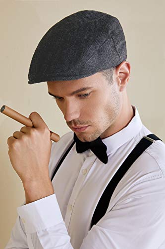 BABEYOND Men's Flat Cap Newsboy Hats Herringbone Tweed Cabbie Hats for Men 1920s Ivy Irish Driving Hats Gatsby Hat - color: Black, size: Small-Medium