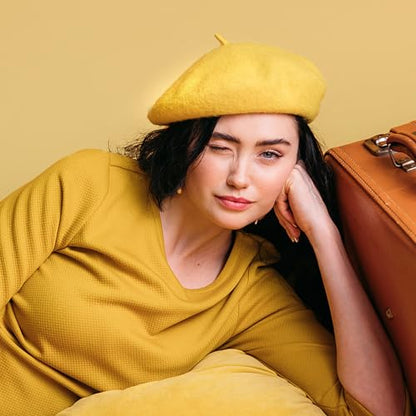 Gllutt Women Wool Beret Hat French Style Solid Color - color: Chrome Yellow