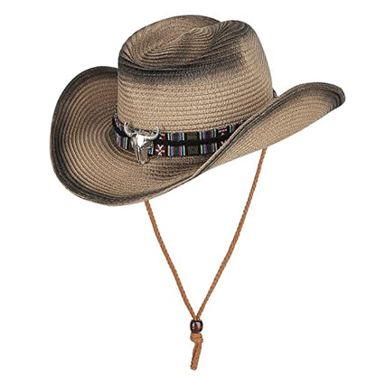Straw Cowboy Sun Hat for Men Women Summer Fedora Beach Panama Western Cap - color: Brown