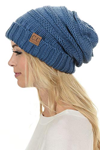 C.C Hat-100 Oversized Baggy Slouch Thick Warm Cap Hat Skully Cable Knit Beanie - color: Dark Denim