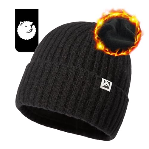 TOP-EX PolarWool™ L/XL/XXL 100% Merino Wool Beanie Fleece Lined Hat Watch Cap for Cold Weather Winter Warm - color: Black, size: XX-Large