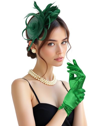 2Pcs 50s Fascinators Hats for Women Wedding Cocktail Flower Mesh Ribbons Feathers Church Tea Party Hats and Lace Glove - color: Green