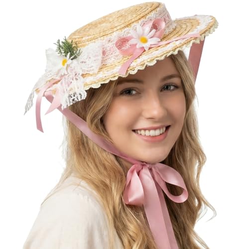 Victorian Tea Party Sun Hat, Wide Brim Straw Flat Cap - color: Pink