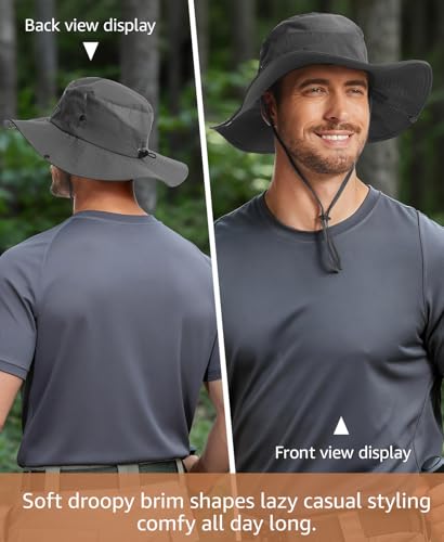 Wide Brim Sun Hat for Men Women, UPF 50+ Waterproof Packable Bucket Boonie Safari Fishing Hat - color: Dark Grey
