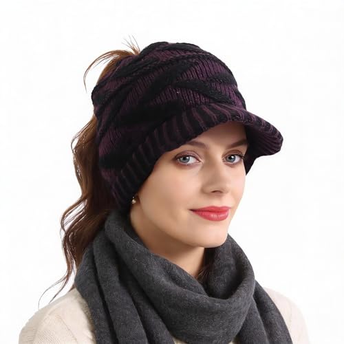 Women's BeanieTail Warm Knit Hat Messy High Bun Ponytail Visor Beanie Cap - color: B341-purple, size: Medium