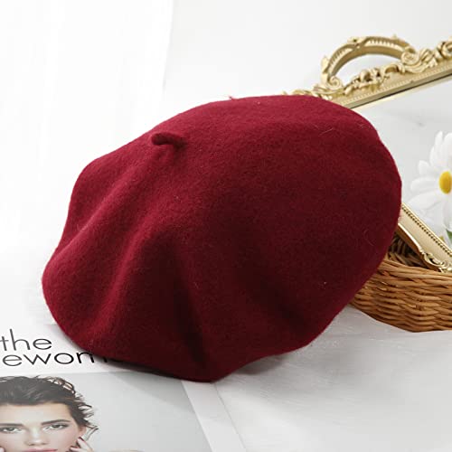 Women French Wool Beret Hats - Solid Color Classic Beanie Winter Cap - color: Thicker-wine Red