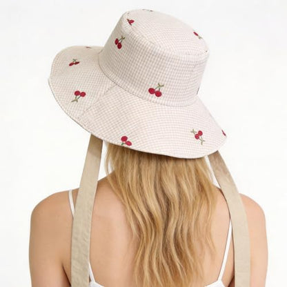 Women's Reversible Bucket Sun Hat with Cherries Embroidered Pattern, UPF 50+ UV Protection, Water Resistant for Beach Hiking - color: Light Khaki