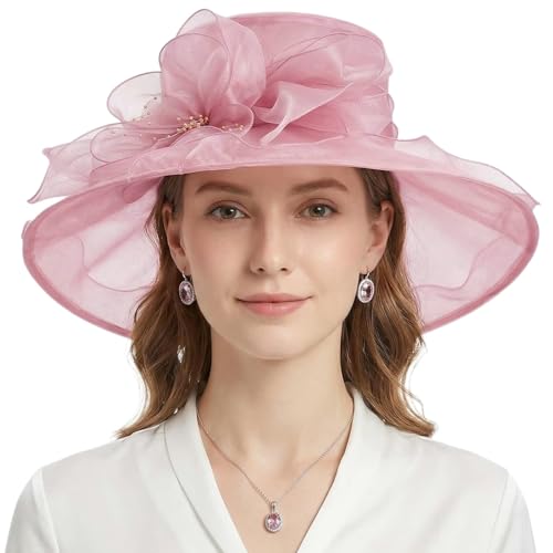 AQOKKA Women Organza Church Fascinators Kentucky Derby Hats for Women and Girls Wedding Flower Tea Party Hat with Wide Brim - color: Pink