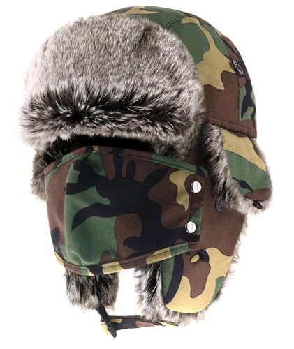 Waterproof Winter Trapper Ushanka Hat Ear Flap Chin Strap, Russian Style - color: Arctic (Wood Camo)