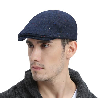 FEINION Men Wool Blend Flat Cap Tweed Newsboy Ivy Hat - color: Flecked Navy