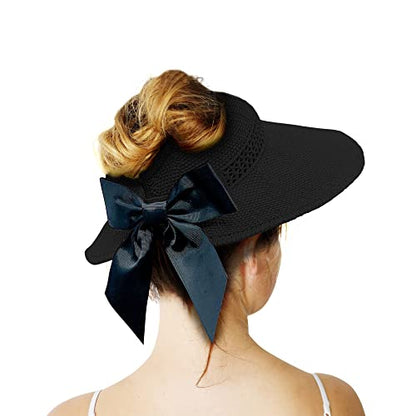 Straw Sun Visor for Women, Wide Brim UPF 50+ Protection Beach Hat, Adjustable, Roll Up Foldable Ponytail Cap with Chin Strap - color: A Black