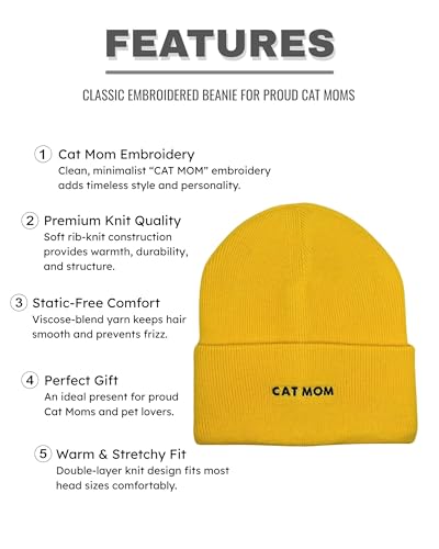 Cat Mom Cat Dad Beanie Collection – Jacquard Pom Pom Hats & Double-Layer Embroidered Beanies for Pet Lovers - color: Cat Mom Embroidery Yellow Hat