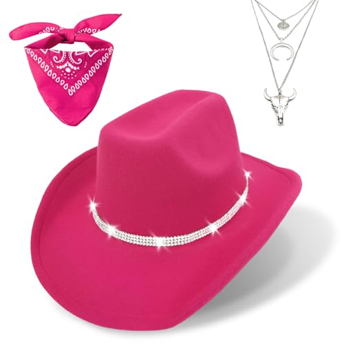 Western Black Cowboy Hats for Women Men, Fedora Wide Brim Rhinestone Cowgirl Hat with Bandana and Evil Eye Bull Head Necklace - color: Hot Pink