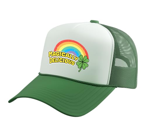 St Patricks Day Magically Delicious Saint Paddys Men Women Trucker Hat with Adjustable Mesh Back - color: Kelly Green/White