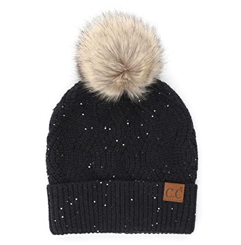 C.C Hatsandscarf Exclusives Unisex Solid Ribbed Beanie with Pom (HAT-43) - color: A Brioche Cable Pattern-black