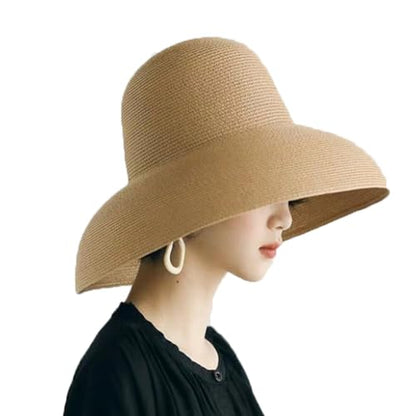 Women Floppy Sun Hat Wide Brim Straw Beach Cap UPF Straw Foldable Sun Hat for Summer - color: Khaki