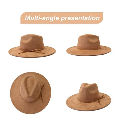 Fedora Hats for Women Man with Big Wide Brim Classic Suede Panama Hat Western Outdoor hat - color: Camel