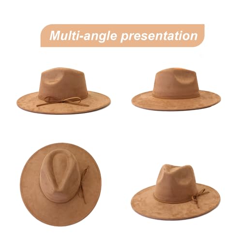 Fedora Hats for Women Man with Big Wide Brim Classic Suede Panama Hat Western Outdoor hat - color: Camel