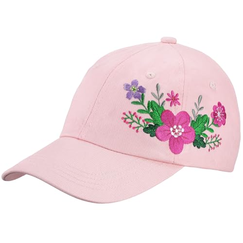 Trendy Handmade Embroidered Baseball Cap for Girls Women, Vintage Wash - style: Floral(pink)