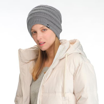 C.C Beanie Oversized Hat with Fuzzy Lining – Thick Knit Thermal Beanie for Cold Weather, Soft Warm Fleece Lined Cap - color: Light Melange Grey