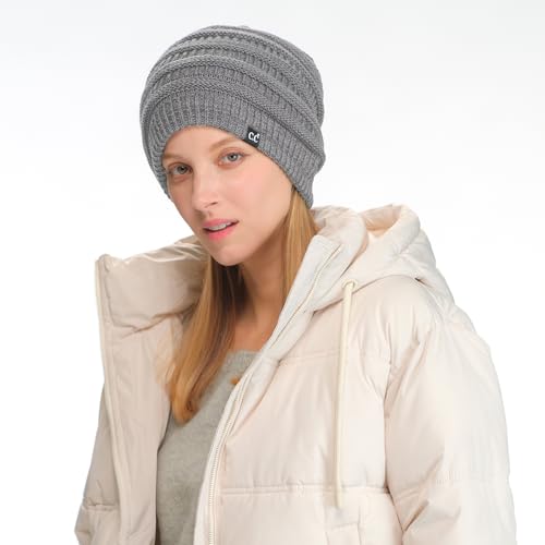 C.C Beanie Oversized Hat with Fuzzy Lining – Thick Knit Thermal Beanie for Cold Weather, Soft Warm Fleece Lined Cap - color: Light Melange Grey