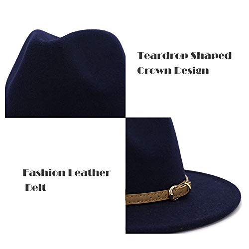 Lisianthus Women Classic Felt Fedora Wide Brim Hat with Belt Buckle - color: Navy Blue