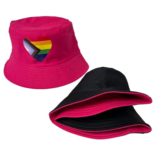 Pride Unisex Bucket Hat Reversible Double-Side-Wear Packable for Travel, Outdoors, and Beach - color: Pink Progress Pride Heart