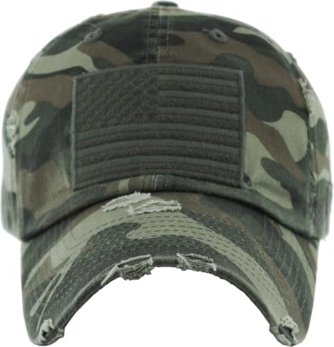 Funky Junque Distressed Baseball Cap, Vintage Embroidered Dad Hat - color: American Flag - Green Camo