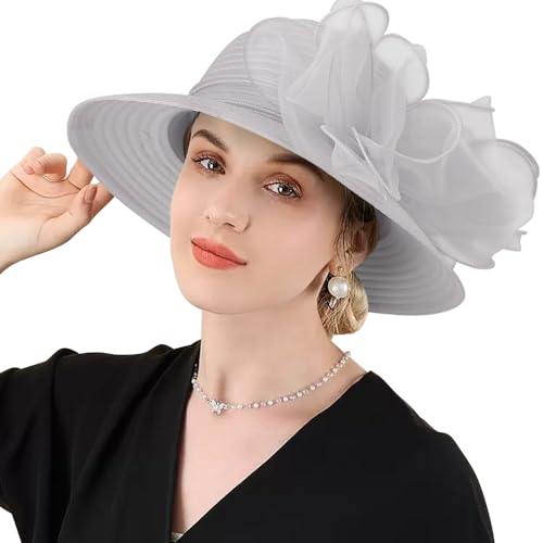DRESHOW Lady Derby Dress Church Bowler Cloche Hat Bowknot Organza Bridal Cap for Wedding - color: 1 Pack Bowler Hat: Light Grey