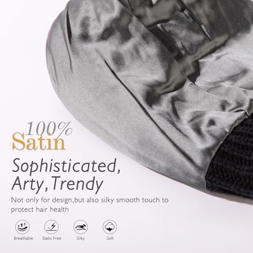 TOP-EX Winter Wool Slouchy Beanie for Women, Warm Faux Fur Pom Hat - color: Black_satin Lined