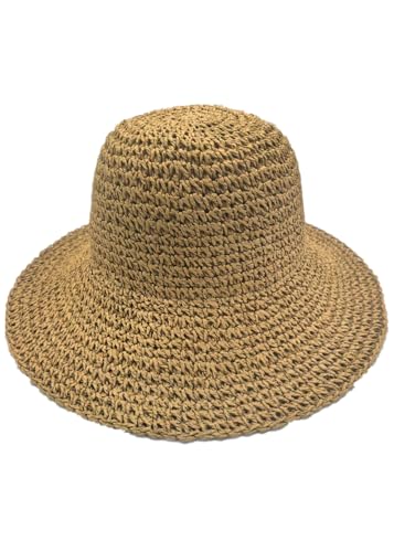 Woven Straw Hat for Women Foldable Summer Beach Hat Wide Brim Floppy Bucket Hat - color: Khaki