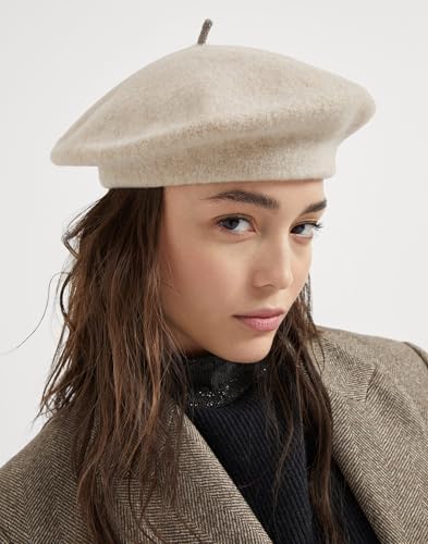 Women French Wool Beret Hats - Solid Color Classic Beanie Winter Cap - color: Beige