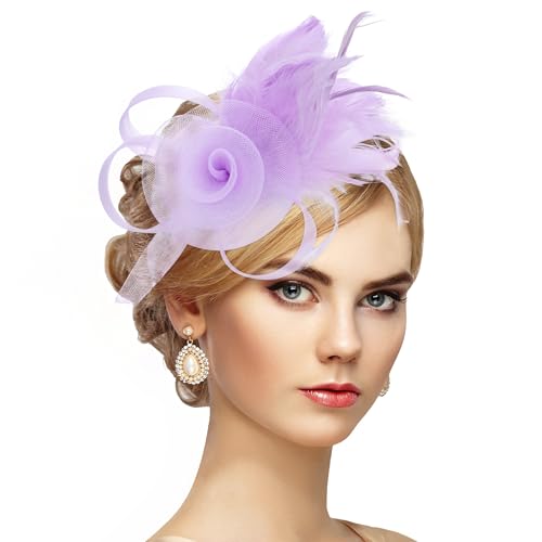 Zinniday Victorian Feather Fascinators Hats - 2025 Derby Attire Headwear with Hairpin,1920s Tea Party Hat for Woman - color: Light Purple
