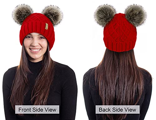 Arctic Paw Womens Winter Hat Cable Knit Beanie for Women Faux Fur Pompom Ears - color: Red_grid