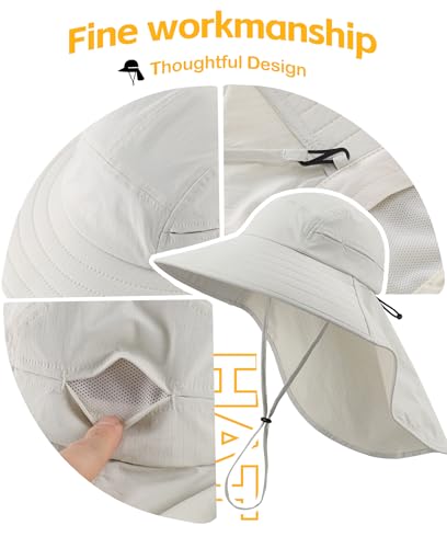 Home Prefer UPF 80+ Sun Hat for Men Women Wide Brim Sun Hat with Neck Flap Summer Beach UV Protection Gardening Fishing Hat - color: Light Grey