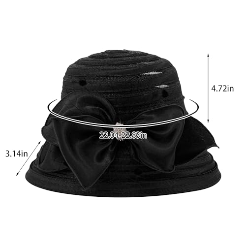 Haoohu Women's Church Derby Hat Wide Brim Bow Bucket Hat Wedding Dress Hat Fascinator Bridal Tea Party Hat - color: Rb Black
