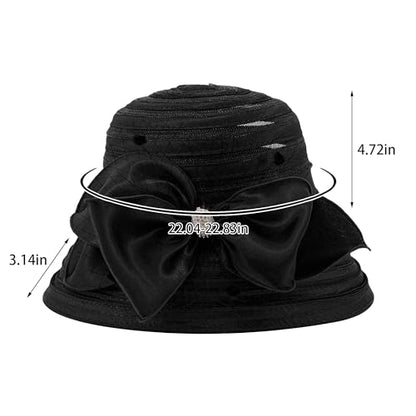Haoohu Women's Church Derby Hat Wide Brim Bow Bucket Hat Wedding Dress Hat Fascinator Bridal Tea Party Hat - color: Rb Black