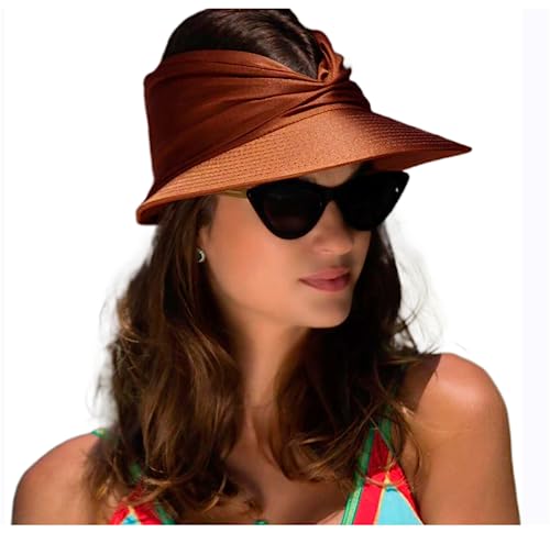 Sun Hat Women Beach Visor Cap UV Protection with Wide Brim Packable Summer Sport Ponytail Sun Cap - color: Coffee
