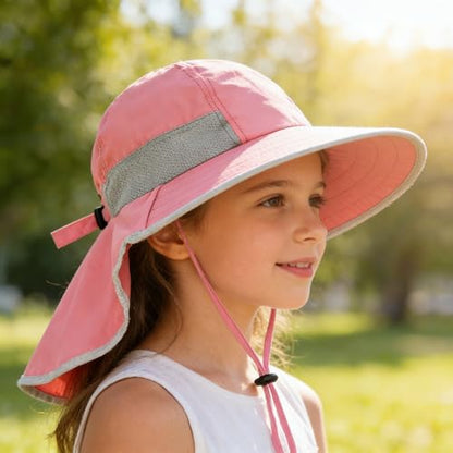 Girls Sun Hat Summer Outdoor Safari Fishing-Hat Boonie-Cap for Toddler Kids with Neck Flap for 3-12Y
