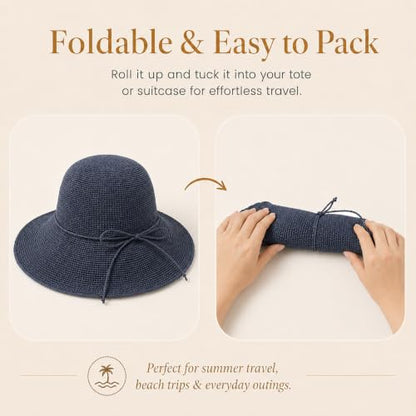 Beach Sun Hats for Women Foldable Straw Bucket Summer Hat Packable Travel - color: Charcoal Blue