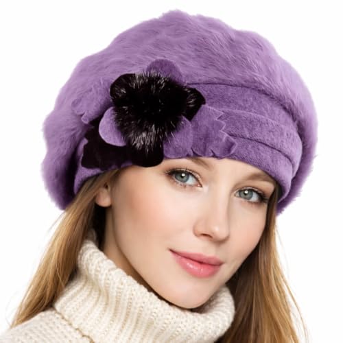 VECRY Lady French Beret 100% Wool Beret Floral Dress Beanie Winter Hat - color: Angola-purple